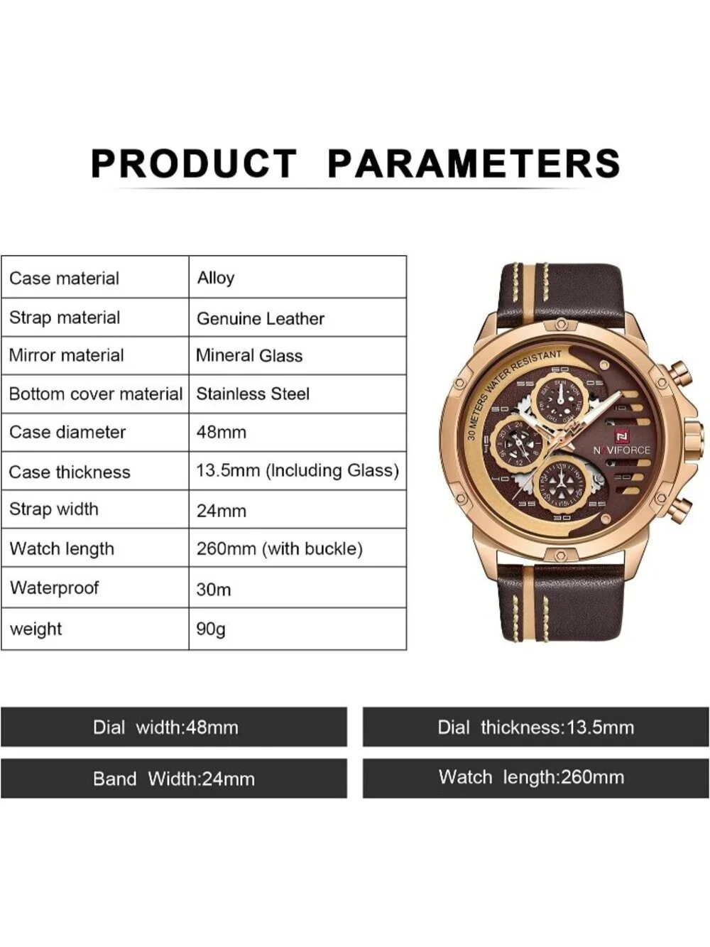 Mens Rose Gold Coffee Brown Analog Leather Band Waterproof Military Wrist Watch